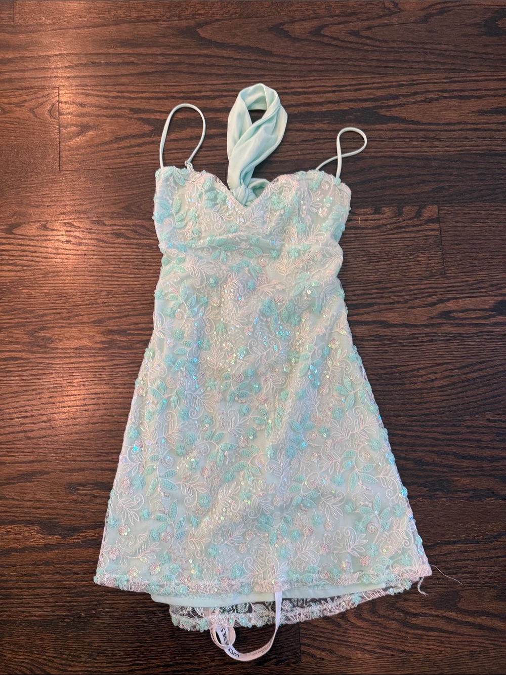 Lucy in the Sky Mint Lace Sequin Party Dress with Scarf